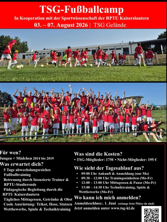 Jetzt anmelden für unser TSG-Fußballcamp vom 3. bis 7. August in Kooperation mit der Sportwissenschaft der RPTU Kaiserslautern 🙈 Alles Infos findet ihr auf dem Bild 💪🏻

Wir freuen uns auf euch - jetzt anmelden!

#tsgkl #tsgkaiserslautern #tsg #fussballcamp #fußball